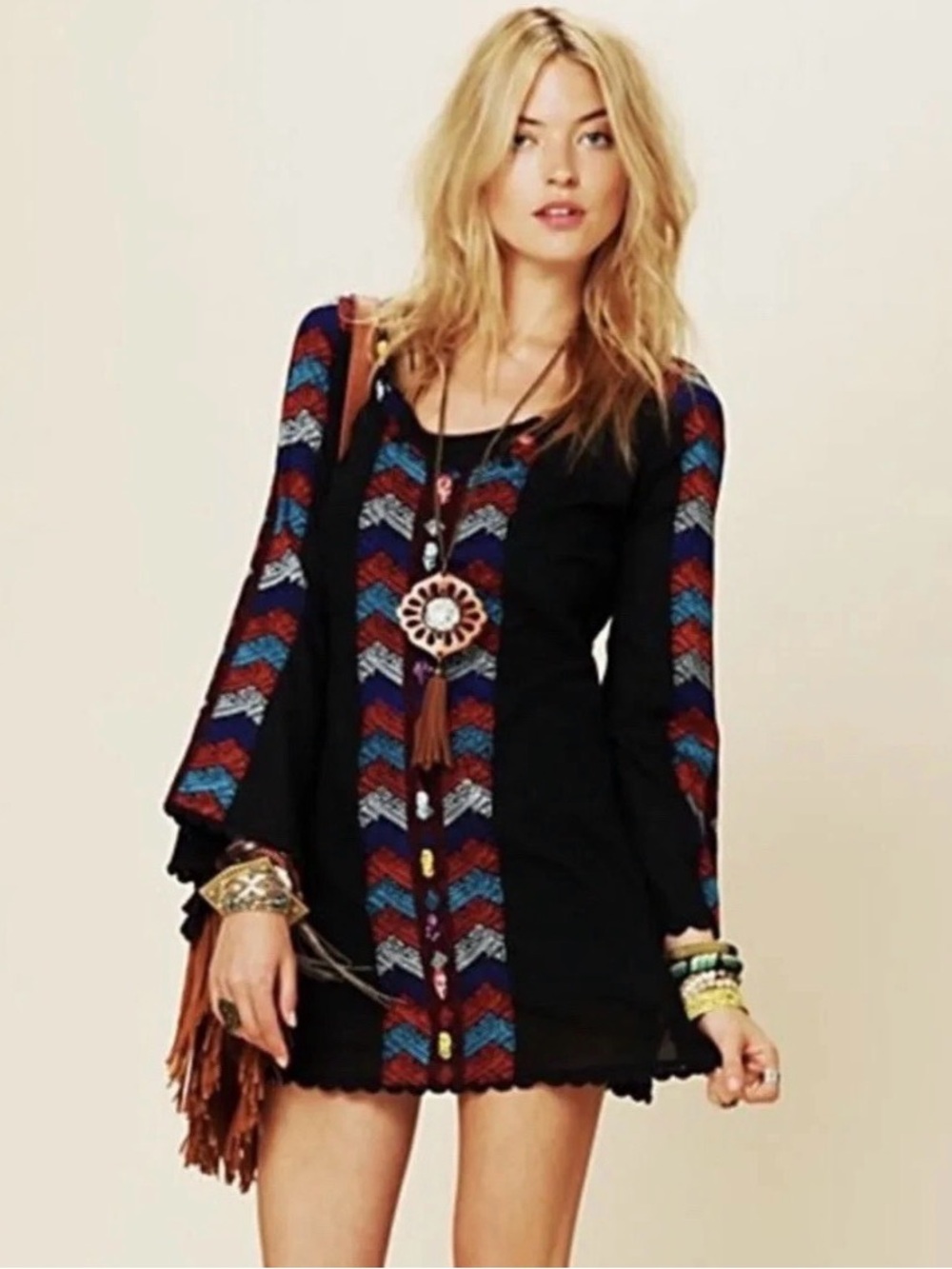 Free People 70’s Vintage Style Embroidered Black Mini Dress